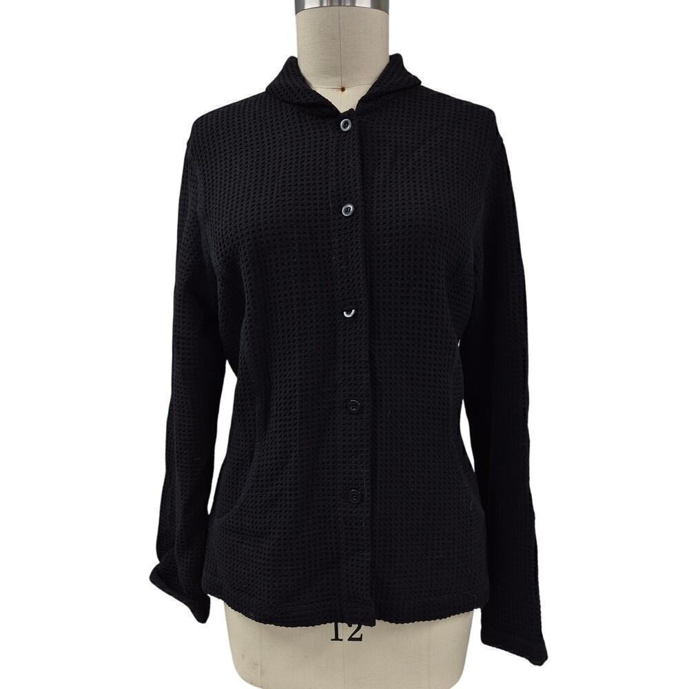 Eileen Fisher Black Viscose Blend  Jacket Waffle Knit Italian Fabric Sz L